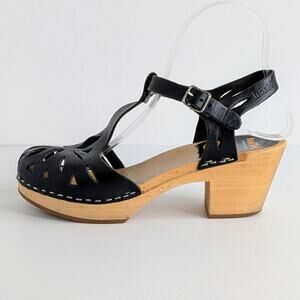 Swedish Hasbeens Clogs Lacy Sandals EU 37 Black Leather Mary Jane Tstrap Heel